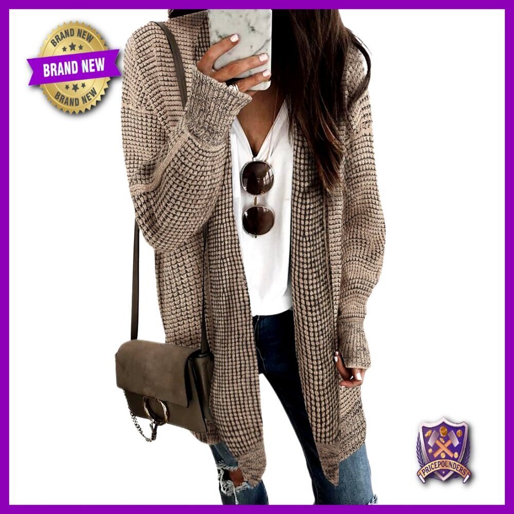 Oversized Checkered Cardigan Sweater, Chunky Knit, Open Front, Long Sleeve